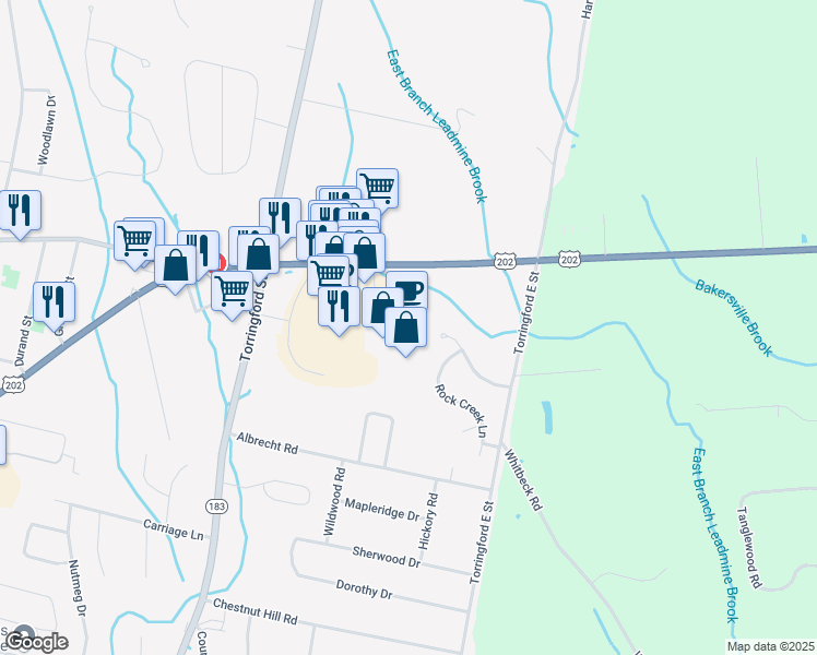 map of restaurants, bars, coffee shops, grocery stores, and more near 1922 East Main Street in Torrington