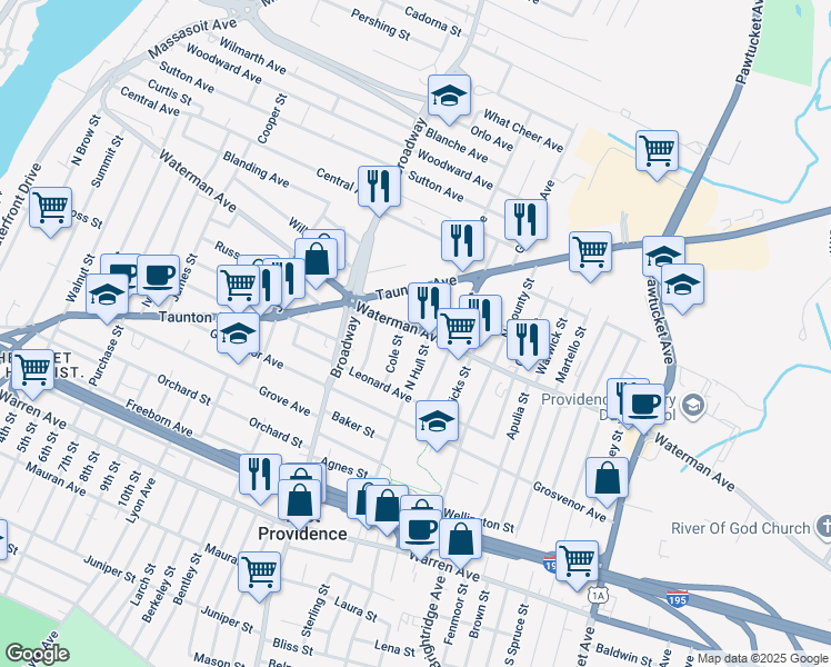 map of restaurants, bars, coffee shops, grocery stores, and more near 23 North Hull Street in East Providence