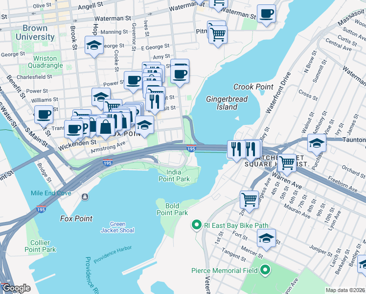 map of restaurants, bars, coffee shops, grocery stores, and more near 258 India St in Providence