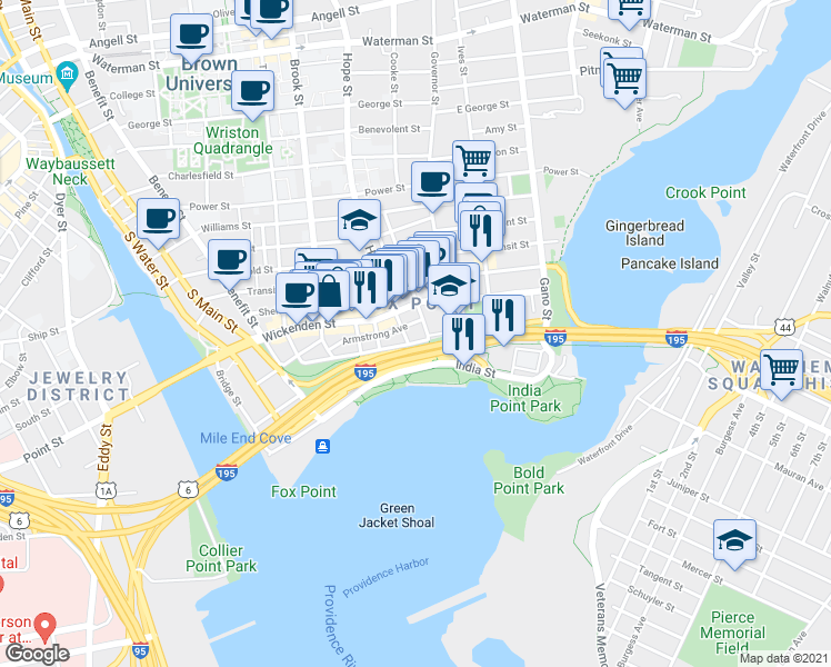 map of restaurants, bars, coffee shops, grocery stores, and more near 225 India Street in Providence