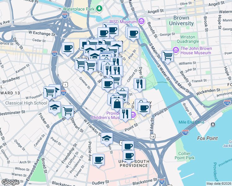 map of restaurants, bars, coffee shops, grocery stores, and more near 145 Clifford Street in Providence