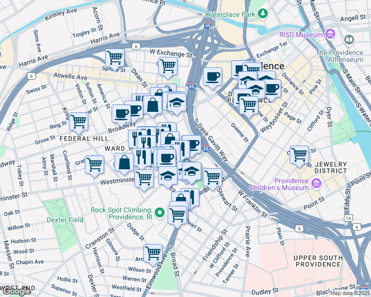 map of restaurants, bars, coffee shops, grocery stores, and more near 309 Dean Street in Providence