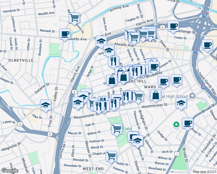 map of restaurants, bars, coffee shops, grocery stores, and more near 38 Almy Street in Providence