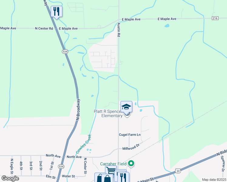 map of restaurants, bars, coffee shops, grocery stores, and more near 3462 Austin Road in Geneva