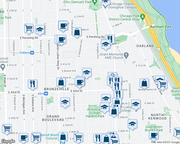 map of restaurants, bars, coffee shops, grocery stores, and more near 623 East 42nd Street in Chicago