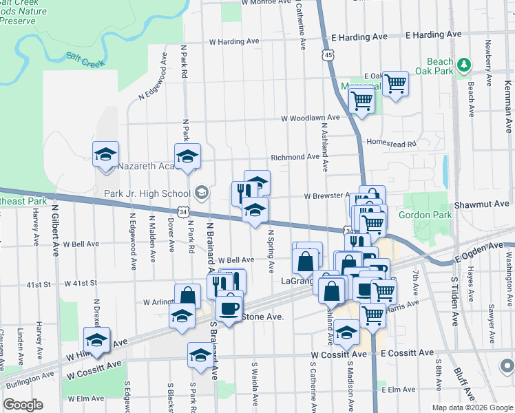 map of restaurants, bars, coffee shops, grocery stores, and more near 146 North Waiola Avenue in La Grange