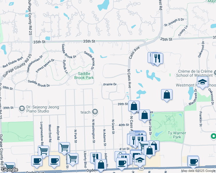 map of restaurants, bars, coffee shops, grocery stores, and more near 148 White Birch Lane in Westmont