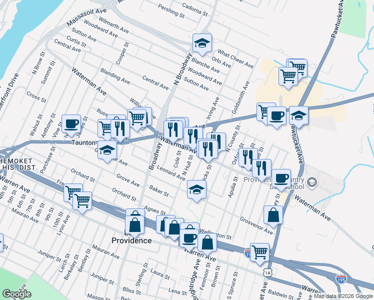 map of restaurants, bars, coffee shops, grocery stores, and more near 23 North Hull Street in East Providence