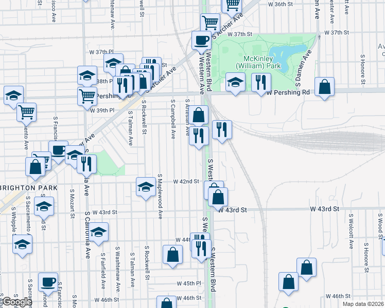 map of restaurants, bars, coffee shops, grocery stores, and more near 4123 South Artesian Avenue in Chicago