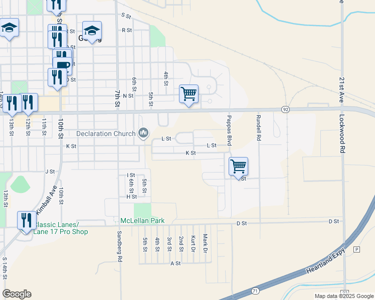 map of restaurants, bars, coffee shops, grocery stores, and more near 164-322 K St in Gering