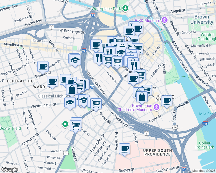 map of restaurants, bars, coffee shops, grocery stores, and more near 30 Fenner Street in Providence