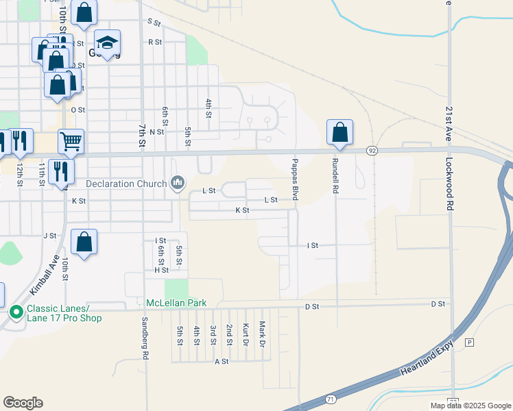 map of restaurants, bars, coffee shops, grocery stores, and more near 164 K Street in Gering