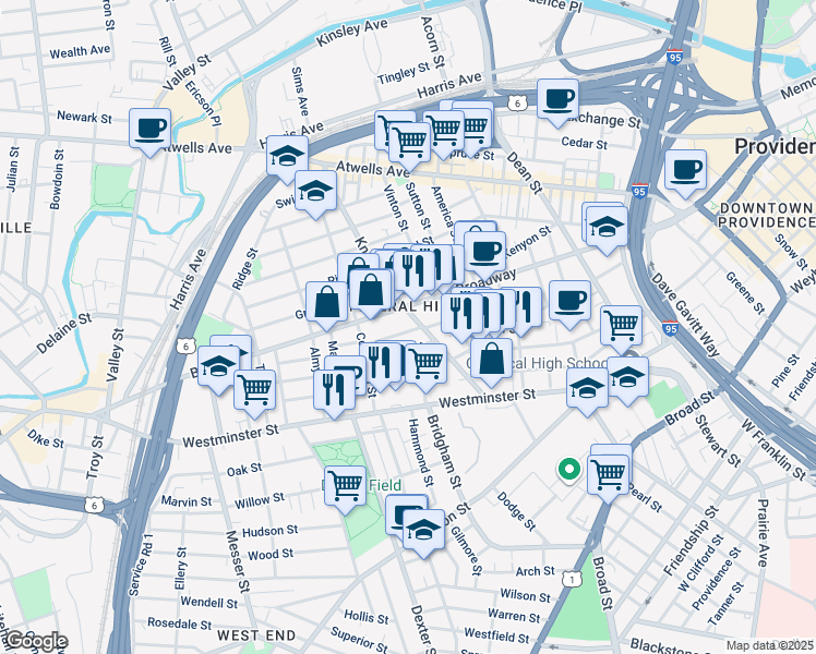 map of restaurants, bars, coffee shops, grocery stores, and more near 25 Brighton Street in Providence