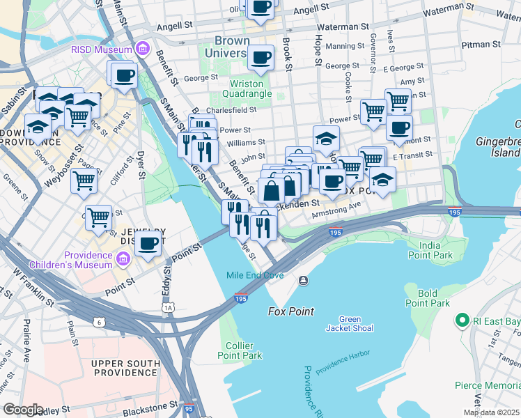 map of restaurants, bars, coffee shops, grocery stores, and more near 414 Benefit Street in Providence