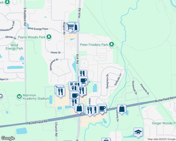 map of restaurants, bars, coffee shops, grocery stores, and more near Riverbirch Drive in Aurora
