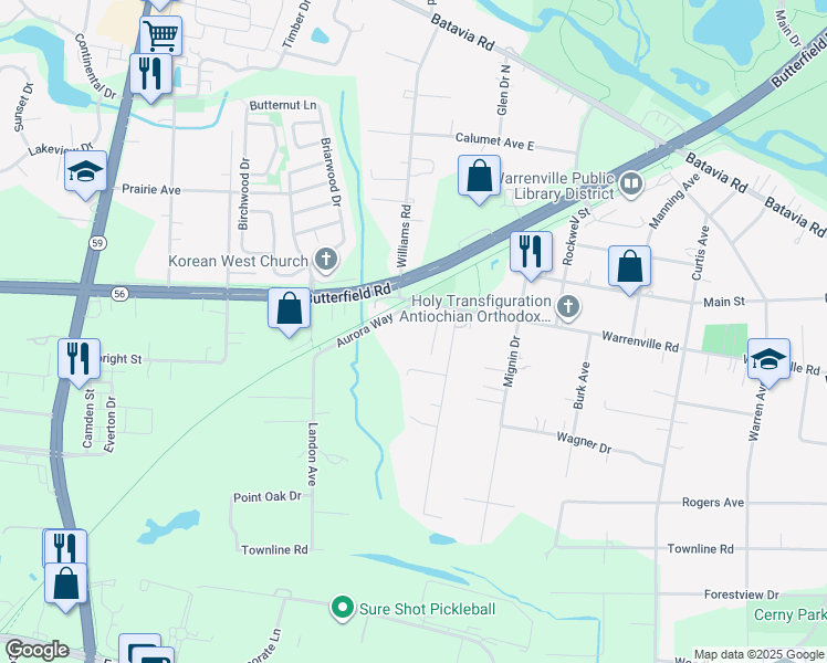 map of restaurants, bars, coffee shops, grocery stores, and more near 29W215 Warrenville Road in Warrenville