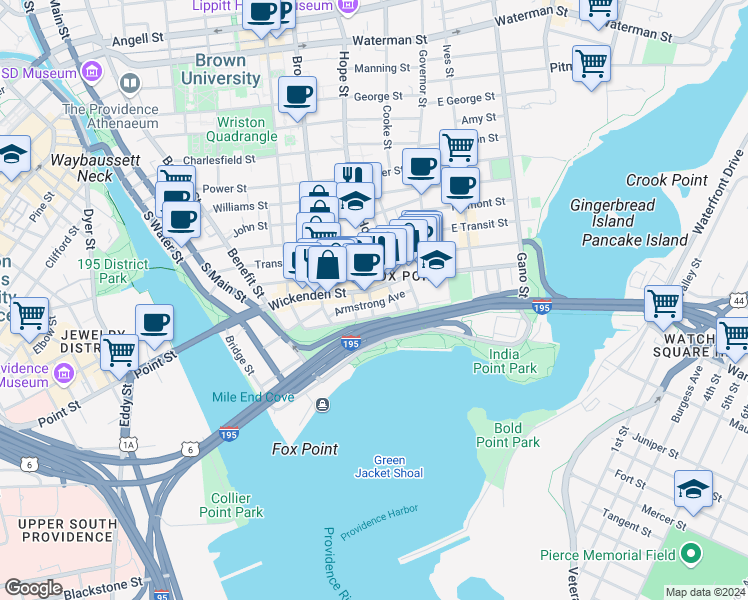 map of restaurants, bars, coffee shops, grocery stores, and more near in Providence