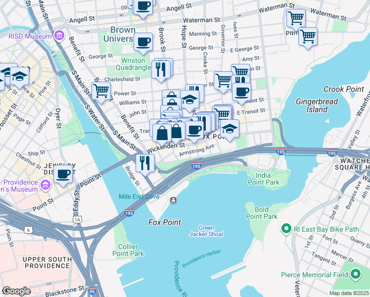 map of restaurants, bars, coffee shops, grocery stores, and more near 105 Sheldon Street in Providence