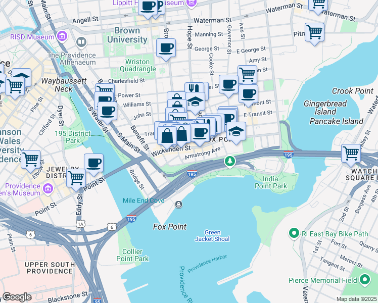 map of restaurants, bars, coffee shops, grocery stores, and more near 105 Sheldon Street in Providence
