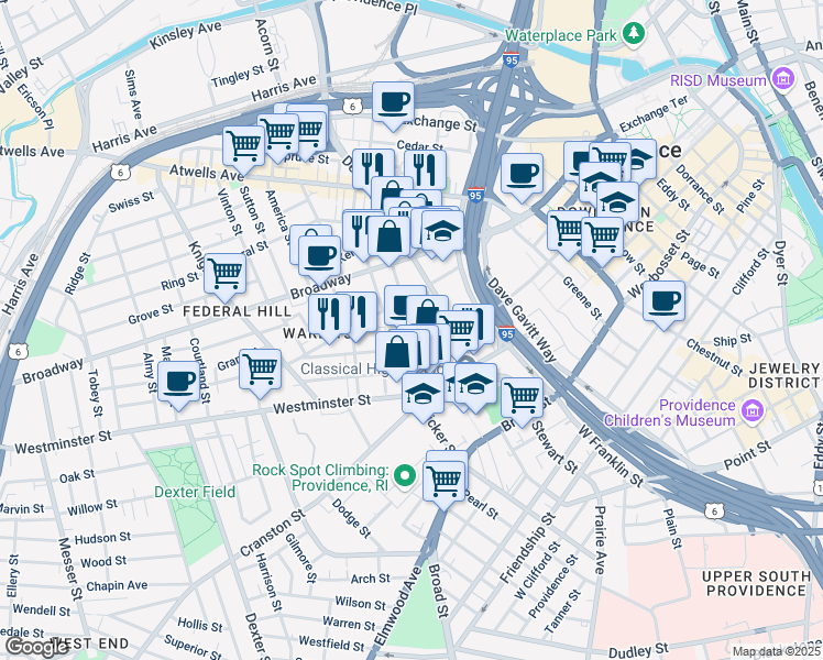 map of restaurants, bars, coffee shops, grocery stores, and more near 8 Cargill Street in Providence