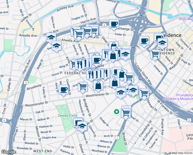 map of restaurants, bars, coffee shops, grocery stores, and more near 21 Battey Street in Providence