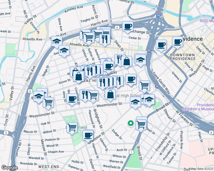 map of restaurants, bars, coffee shops, grocery stores, and more near 23 Primrose Street in Providence