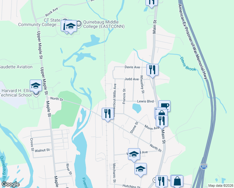 map of restaurants, bars, coffee shops, grocery stores, and more near 110 Connecticut Mills Avenue in Killingly