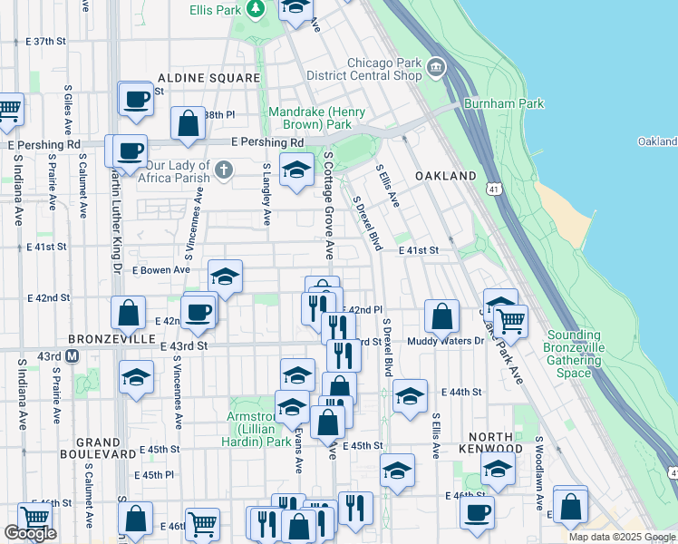 map of restaurants, bars, coffee shops, grocery stores, and more near 4123 Maryland Avenue in Chicago