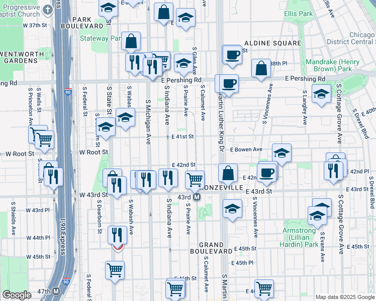 map of restaurants, bars, coffee shops, grocery stores, and more near 4101 South Prairie Avenue in Chicago