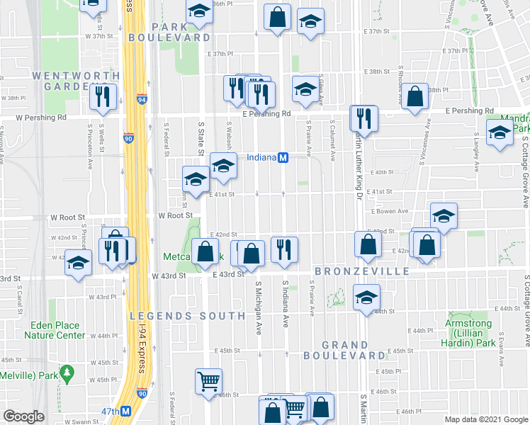 map of restaurants, bars, coffee shops, grocery stores, and more near 4109 South Michigan Avenue in Chicago
