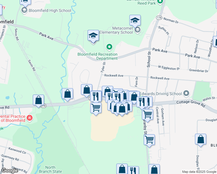 map of restaurants, bars, coffee shops, grocery stores, and more near 14 Dale Avenue in Bloomfield