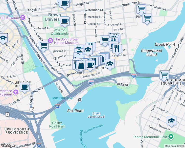 map of restaurants, bars, coffee shops, grocery stores, and more near in Providence