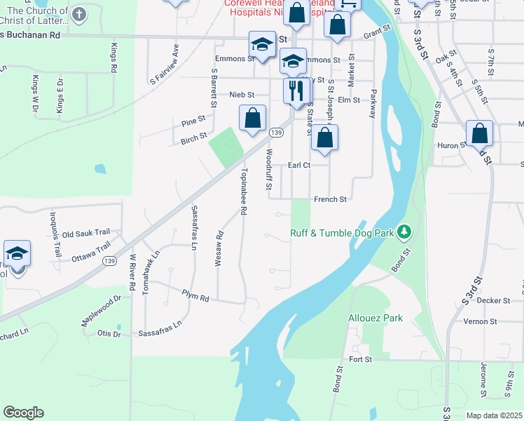map of restaurants, bars, coffee shops, grocery stores, and more near 627 French Street in Niles