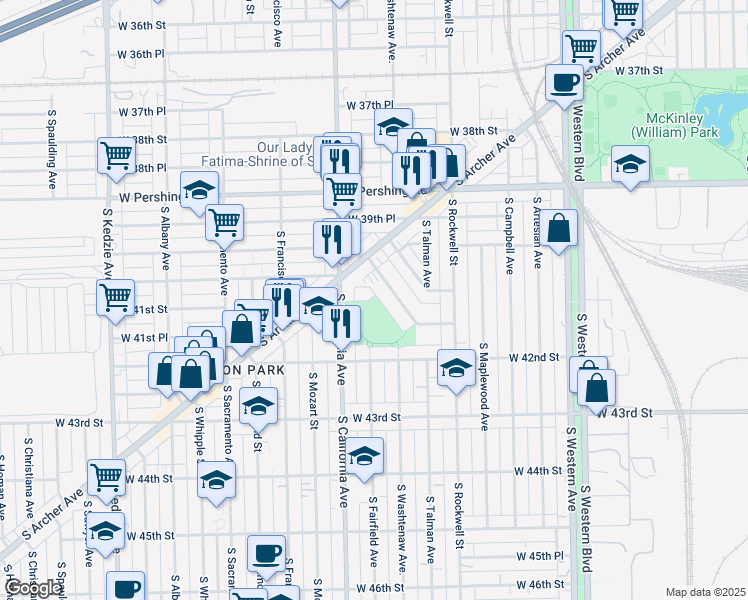 map of restaurants, bars, coffee shops, grocery stores, and more near 2725 West 41st Street in Chicago