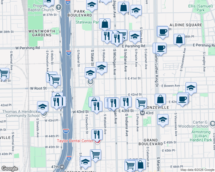 map of restaurants, bars, coffee shops, grocery stores, and more near 4105 South Wabash Avenue in Chicago