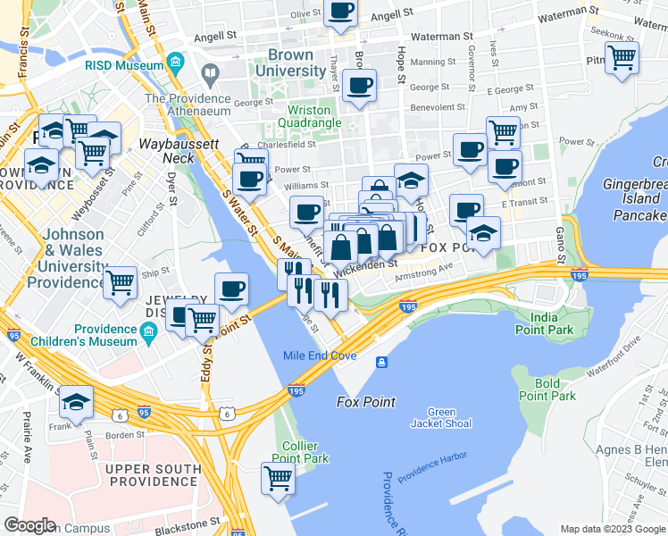 map of restaurants, bars, coffee shops, grocery stores, and more near 140 Wickenden Street in Providence