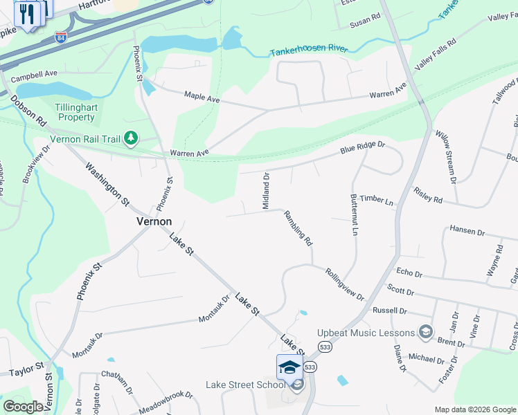 map of restaurants, bars, coffee shops, grocery stores, and more near 11 Midland Drive in Vernon