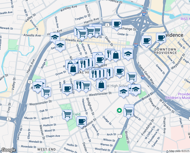 map of restaurants, bars, coffee shops, grocery stores, and more near 23 Primrose Street in Providence