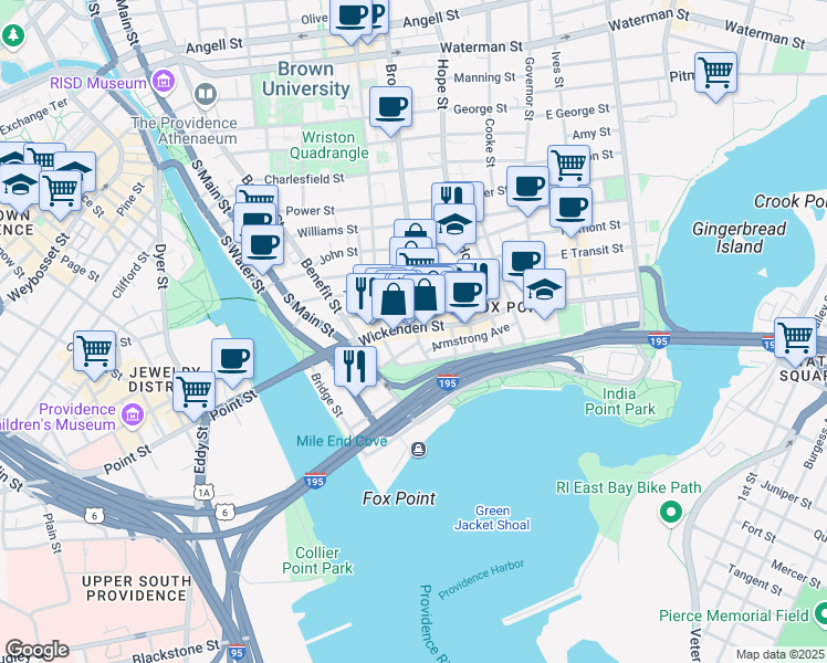 map of restaurants, bars, coffee shops, grocery stores, and more near 128 Brook Street in Providence