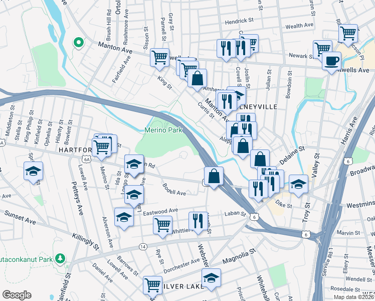 map of restaurants, bars, coffee shops, grocery stores, and more near 21 Whelan Road in Providence