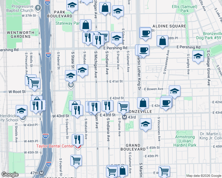 map of restaurants, bars, coffee shops, grocery stores, and more near 4105 South Indiana Avenue in Chicago