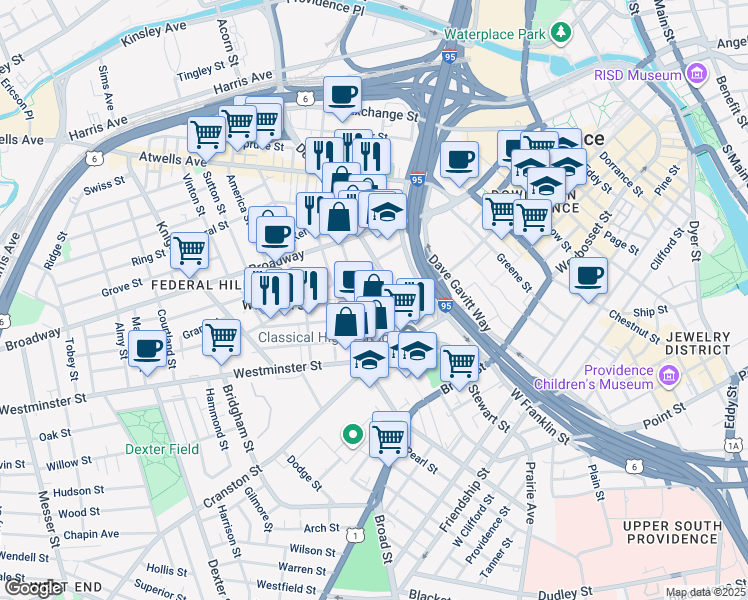 map of restaurants, bars, coffee shops, grocery stores, and more near 8 Cargill Street in Providence