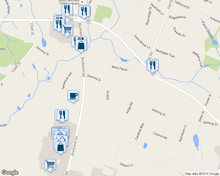 map of restaurants, bars, coffee shops, grocery stores, and more near 285 Deming Street in South Windsor