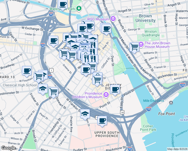 map of restaurants, bars, coffee shops, grocery stores, and more near 165-215 Pine Street in Providence