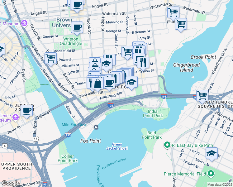 map of restaurants, bars, coffee shops, grocery stores, and more near in Providence
