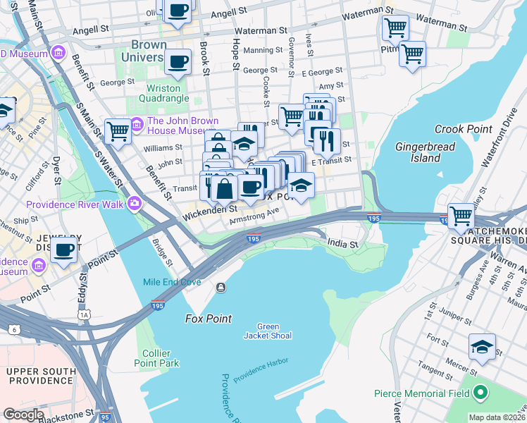 map of restaurants, bars, coffee shops, grocery stores, and more near in Providence