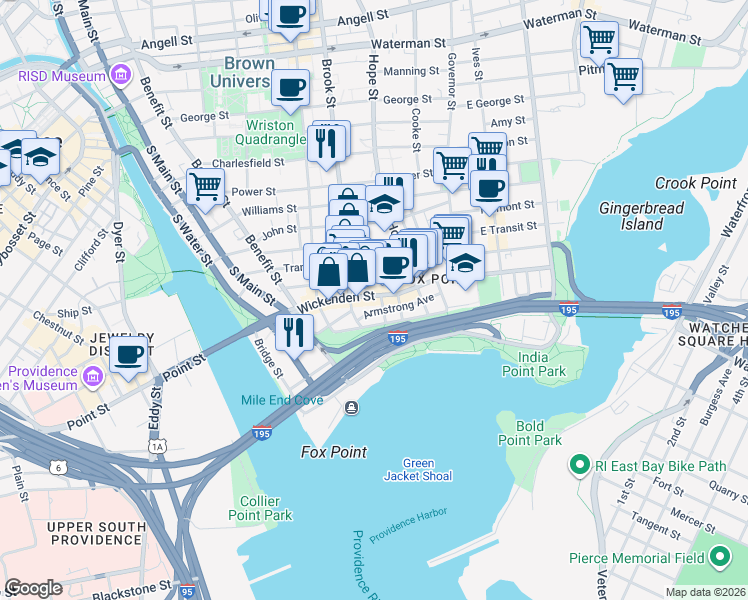 map of restaurants, bars, coffee shops, grocery stores, and more near 105 Sheldon Street in Providence