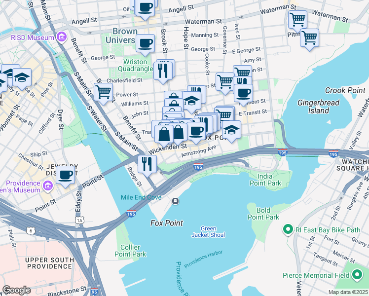 map of restaurants, bars, coffee shops, grocery stores, and more near 105 Sheldon Street in Providence