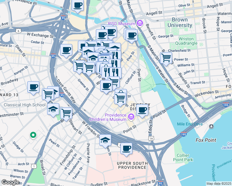 map of restaurants, bars, coffee shops, grocery stores, and more near 165-215 Pine Street in Providence