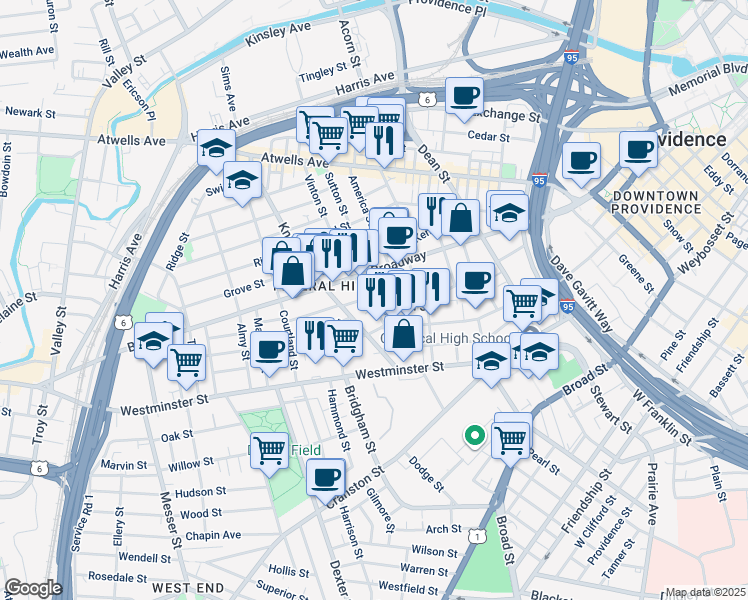 map of restaurants, bars, coffee shops, grocery stores, and more near 23 Primrose Street in Providence
